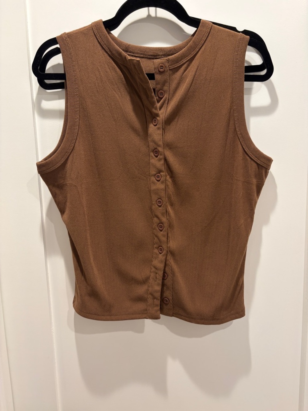 Ribbed Button-Front Tank Top in Brown. Soft and Stretchy w/ Functional Buttons.
